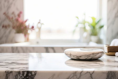 Marble Table Top with Blurred Bathroom Interior Background. Generative AI.の素材
