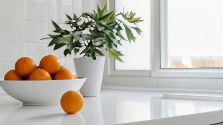 Modern Minimalistic Kitchen Interior: Stylish White Quartz Countertop with Potted Plant and Oranges. Generative AI.の素材