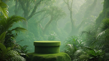 Green Podium in Tropical Forest: Ideal Setting for Product Presentation with Lush Green Wall. Generative AI.の素材