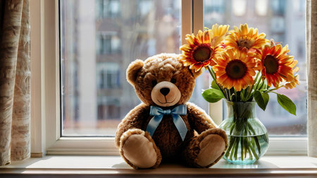Adorable Plush Teddy Bear with Flowers: A Sunny Window Sill Delight. Generative AI.の素材