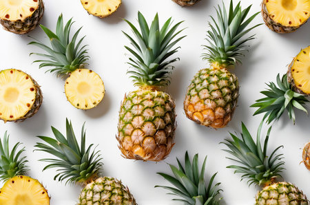 Exotic Tropical Delight: Sliced Pineapple and Green Leaves Pattern on White Background. Generative AI.の素材
