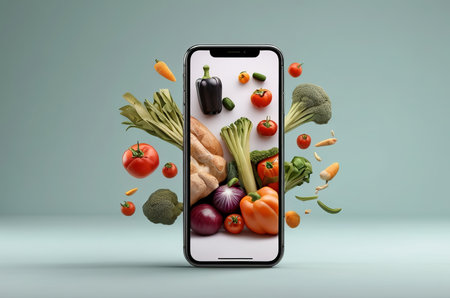 Effortless Online Grocery Shopping: Smartphone with Fresh Groceries. Generative AI.の素材