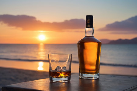 Scenic Sunset Setting: Whisky Bottle on Table with Beach and Sea View. Generative AI.の素材