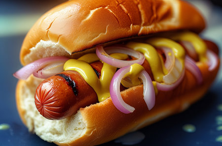 A beautifully detailed close-up of a hot dog in a soft bun, showcasing a grilled sausage squeezed within.の素材