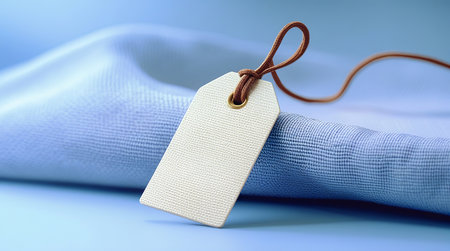 A close-up photograph of a white blank price tag with a brown string, resting on a textured, soft blue fabric.の素材