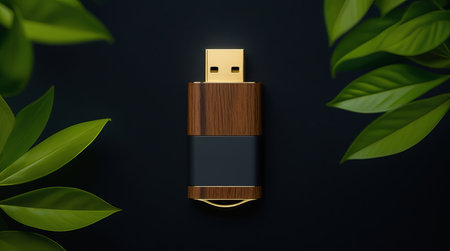 An elegant USB flash drive centered in the frame, featuring a sleek gold connector and a wooden-textured body complemented by a darker matte surface.の素材