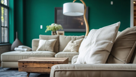 A cozy indoor setting featuring a modern beige sectional sofa adorned with plush cushions, situated against a vibrant green wall.の素材