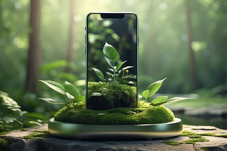 A smartphone positioned upright amidst a lush green setting, surrounded by vibrant moss and delicate plants.の素材
