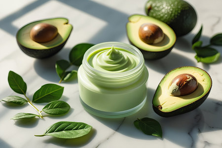 Elegant glass cosmetic jar with rich creamy avocado deep nourishing cream, surrounded by fresh avocado halves and leavesの素材