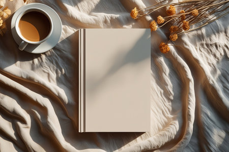 Closed blank book mockup on a soft linen fabric background, with warm natural sunlight, a cup of coffee and dried flowers nearbyの素材