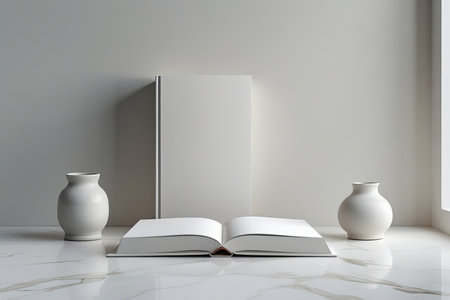 A serene interior scene featuring an open book at the foreground on a glossy, marble table.の素材