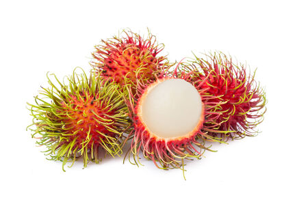 Rambutan fruit with red shell on white backgroundの写真素材