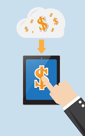 sign of dollar in cloud  drop in smartphone with handのイラスト素材