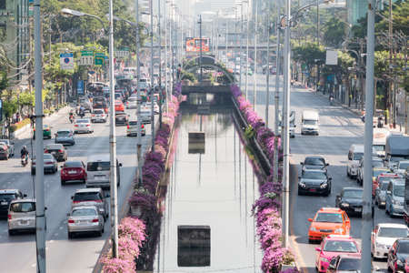 Bangkok, Thailand - December 21, 2015: Traffic at sathorn road in the morning as working hour, sathorn business district is the center of bangkok.のeditorial素材