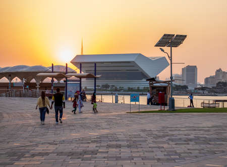 Sunset at Dubai Festival city. New building of Sheikh Muhammad Bin Rashid library on the scene as well as tallest building in the world Burj Khalifa on background. Outdoorsのeditorial素材