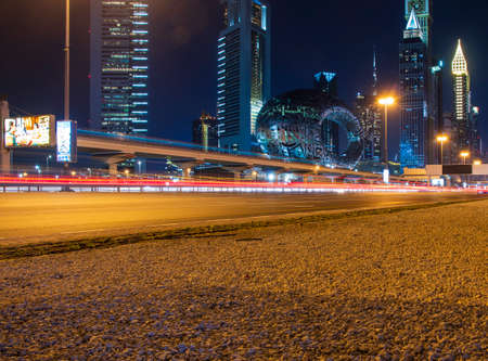 Main road of a United Arab Emirates, Shekh Zayed road. Shot taken in Dubai. Many of famous landmarks can be seen as well as metro station and Museum of future. Outdoorsのeditorial素材