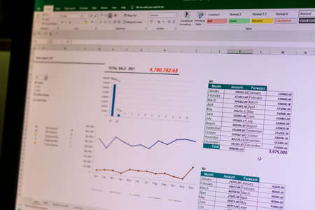 Shot of an excel sheet on computer screen showing sales report with charts and tables