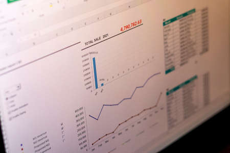 Shot of an excel sheet on computer screen showing sales report with charts and tablesの写真素材