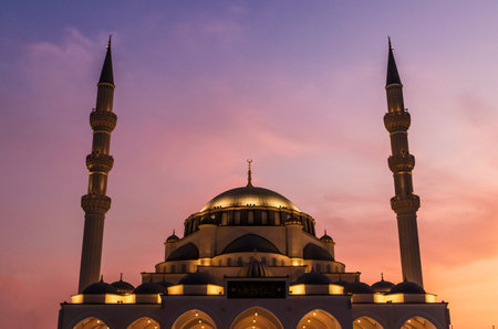 Sharjah, UAE - 07.31.2021 - Sharjah mosque at evening hour.のeditorial素材