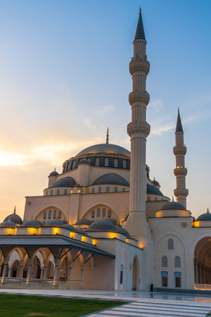 Sharjah, UAE - 07.31.2021 - Sharjah mosque at evening hour.のeditorial素材