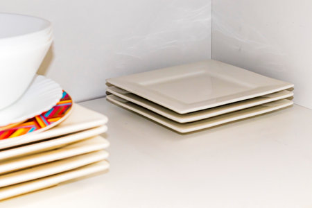 Close up shot of a clean dishes in kitchen of modern apartment