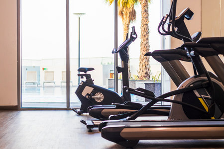 Close up shot of various gym equipment and weights.の写真素材