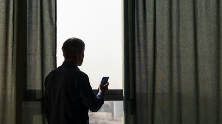 Silhouette of a man with mobile phone at the window