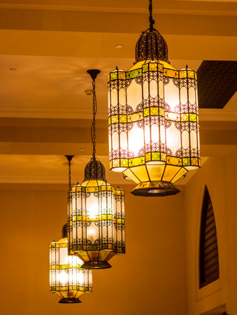 Traditional Arabic lanterns at nightの写真素材