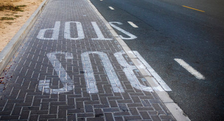 Bus stop indication on the asphaltの写真素材