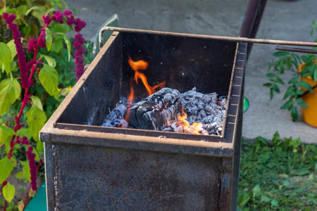Close up shot of the grill with burning coals and wooden piecesの写真素材