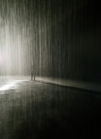 Concept black and white shot of the teenager under the pouring rainの写真素材