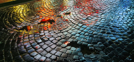 Close up shot of the paving stones at nightの写真素材