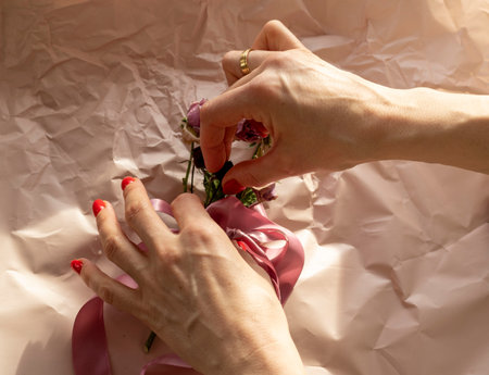 Concept shot of the background theme, wrapping paper, dried roses other flowers and other arrangements.の写真素材