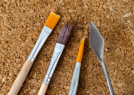 Shot of the different painting brushes with sizes marking on them.の写真素材