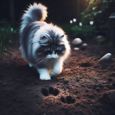 An illustration of a grey and white cat outdoorsの写真素材