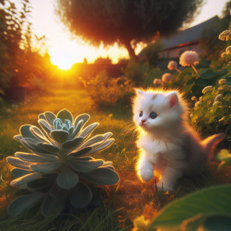 An illustration of a white fluffy little kitten in the gardenの写真素材