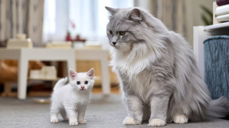 An illustration of a white fluffy little kitten with grey and white catの写真素材