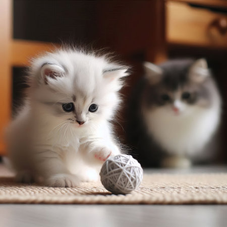 An illustration of a white fluffy little kitten with grey and white catの写真素材