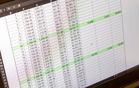 Shot of an dark mode excel sheet on computer screen showing bank loan amortization table.の写真素材