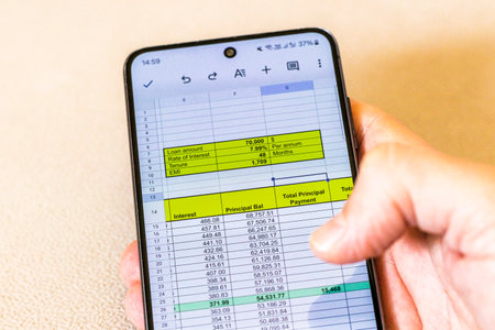 Man scrolling an excel sheet on the phone screen showing bank loan amortization table.