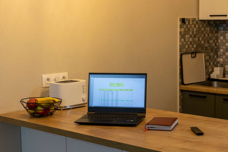Laptop on the kitchen counter top with an excel sheet on computer screen showing bank loan amortization table.の写真素材