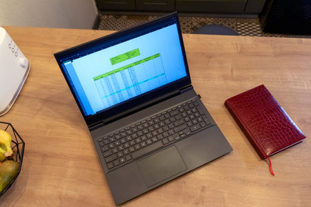Laptop on the kitchen counter top with an excel sheet on computer screen showing bank loan...