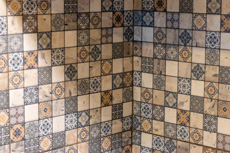 Close up shot of the decorative tiles on the kitchenの写真素材