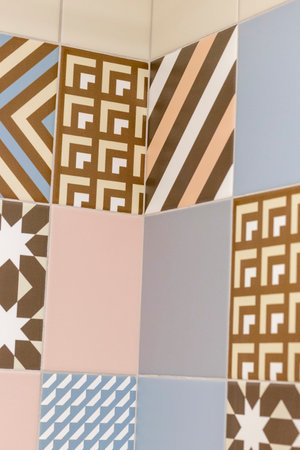 Shot of the decorative tiles in the bathroomの写真素材