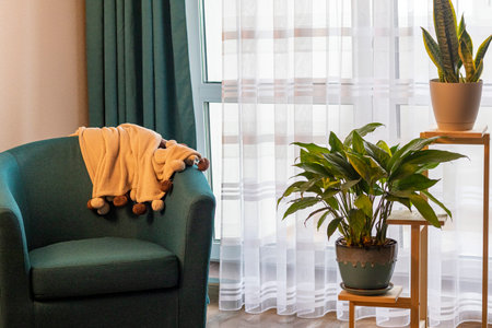 Close up of the cozy corner in the apartment with comfortable arm chair.の写真素材