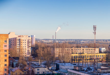 Typical eastern european city seen through window at winterの写真素材