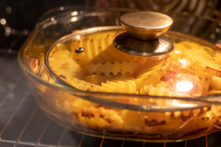 Food baking in the transparent dish in the oven.の写真素材