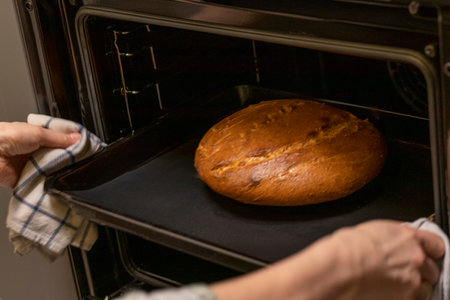 Woman takes out freshly baked loaf of rye bread on the tray with linen cloth from the owenの写真素材