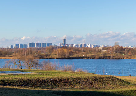 Shot of the modern city on the bank of the riverの写真素材