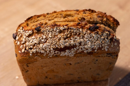 Close up shot of a loaf of a hand made rye breadの写真素材